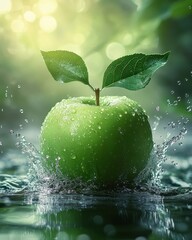 Green apple with two leaves falls into water, creating a splash.