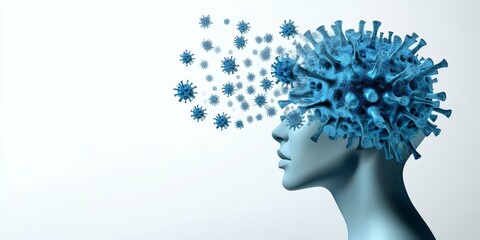 Human Head Profile with Blue Fractal Virus Gears on White Background
