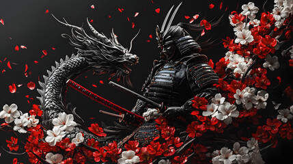 3d render of a Samurai with a dragon and sakura flowers red colors, dark background