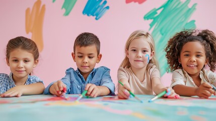 four multiethnic children drawing together on an oil canvas with colorful paints against a pink abstract background, creating collaborative art in a vibrant and creative atmosphere