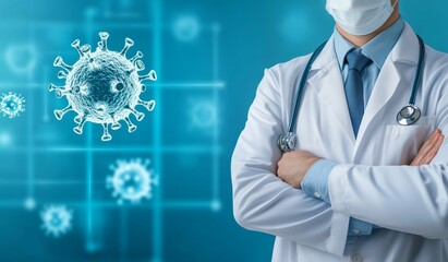 Doctor in White Coat with Arms Crossed, Medical Chart and Virus Icon on Blue Digital Board