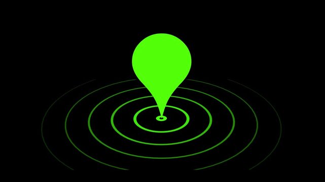 Location tracker pin pointer on black background, Animated location green icon symbol on alpha channel. 3d Rendered animation of GPS icon