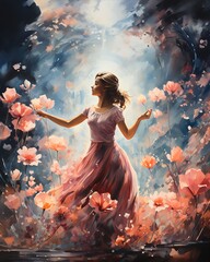 Watercolor painting of a woman is standing in a field of pink flowers AI Generated