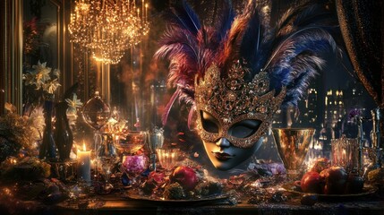 Fototapeta premium A New Year’s Eve masquerade scene with elegant masks, feathers, and glittering decorations, set against a dark, luxurious backdrop.
