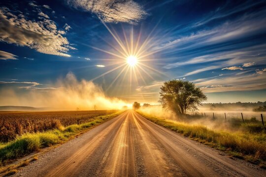 Fierce sun beating down on a dusty rural road with nobody in sight