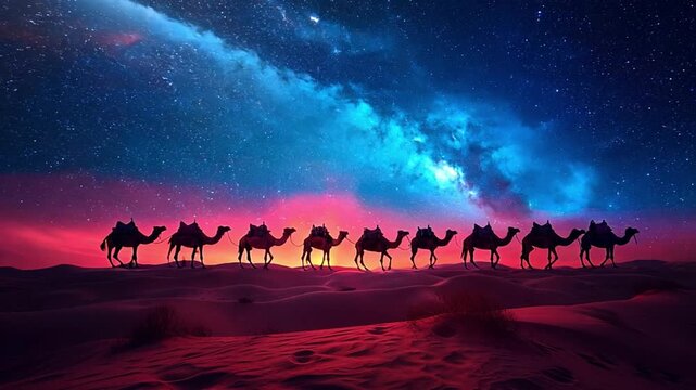 Camel caravan by night with galaxy sky. Silhouette tourists riding camels in a row in the Shapotou sand dune of Tengger Desert,