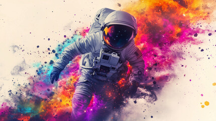 Obraz premium an astronaut with a colorful explosion of meteors, set against a white background