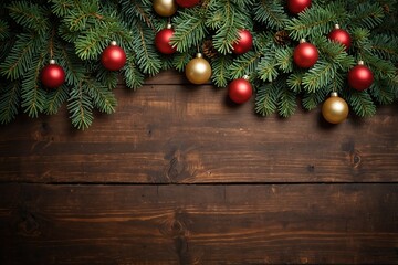 New Year's background. Spruce branches on a wooden table. Ornaments for the New Year tree. Christmas concept