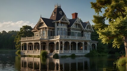 A grand, Victorian-style house with intricate details and a wrap-around porch, surrounded by towering trees and a serene lake.