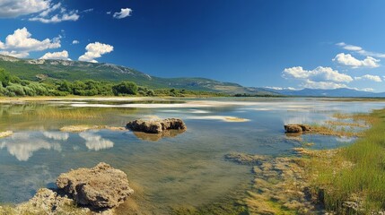 Salt lake+channal, Butrint NP, Albania. Panorama.