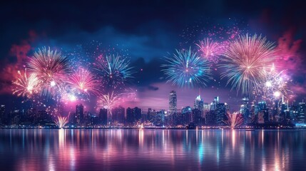 Fototapeta premium Cityscape Fireworks: A mesmerizing display of vibrant fireworks explodes over a glittering cityscape, reflecting in the tranquil water below, capturing the magic 