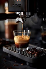Espresso drips into a glass, highlighting rich crema on top and coffee beans nearby