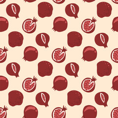 Juicy pomegranates seamless pattern. Whole and half fruits repeat background. Vector hand drawn flat illustration.