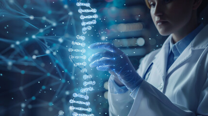 A man in a white coat near a virtual screen depicting DNA compounds. Digital health and medical diagnostics. Technology, science concept.