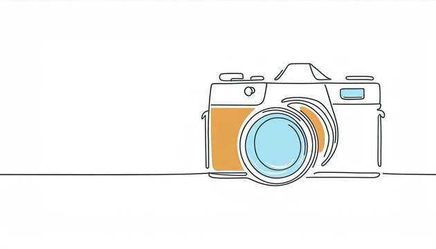 single line drawing of old retro analog slr camera with telephoto lens. Vintage classic camera
