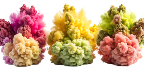 Set of colorful smoke explosions and blasts isolated on white background.AI GENERATED