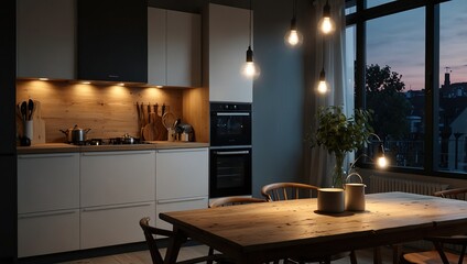 Scandinavian interior style kitchen at night with strings of light