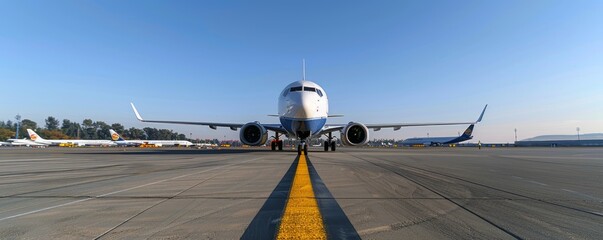 A large commercial jet is parked on the taxiway at an airport under clear blue skies