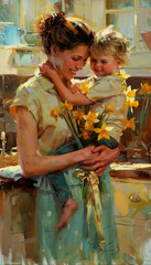 A Mother's Embrace with a Bouquet of Daffodils