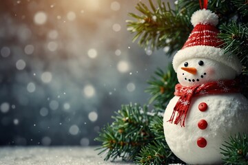 Snowman and Christmas tree decoration; background or season holidays banner