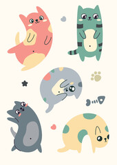 Cute little cats in a set. Pretty cartoon kittens, simple animals in different poses. Sticker collection, set of elements with isolated adorable pets, baby cat. Modern graphics, vector illustration.
