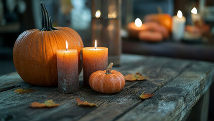Halloween pumpkin and candles on wooden table