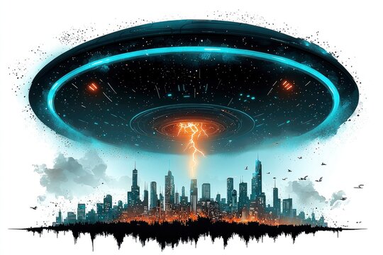 UFO over Cityscape with Lightning