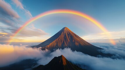 Fototapeta premium A red rainbow appearing above a mountain peak illuminated by the setting sun
