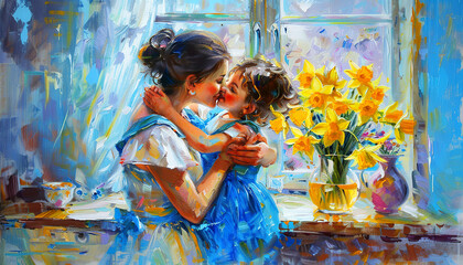 A mother and daughter kiss by a window with yellow flowers