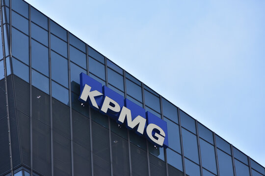 KPMG (Klynveld Peat Marwick Goerdeler) logo, emblem, signage on the facade. Audit, tax and advisory service company. WARSAW, POLAND - JULY 17, 2024