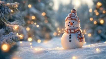 Obraz premium A winter wonderland scene with a snowman dressed in a scarf and hat, surrounded by snow-covered trees and glowing lights.