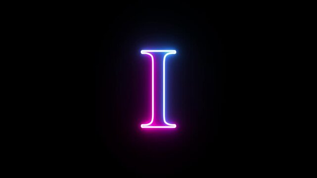 Glowing neon capital letter alphabet I animation. Purple and blue neon font letter "I" on black background. Educational concept