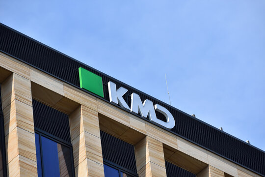 KMD company logo, signage on the facade. IT solutions and services. WARSAW, POLAND - JULY 17, 2024