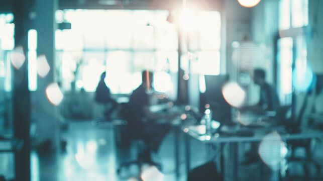 Abstract blurred office workspace. A blurry image of a modern office workspace with desks, chairs, and windows, conveying a sense of activity and productivity.