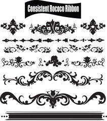 Consistent Rococo Ribbon Dark Silhouette Shapes Vector Set
