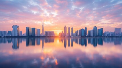 Fototapeta premium A breathtaking view of the Dubai skyline from Dubai Creek, with the city's reflection shimmering in the river at sunrise, Dubai, United Arab Emirates.
