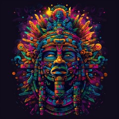 Naklejka premium A detailed, colorful depiction of a Mayan headdress and mask showcasing ancient artistry and cultural symbols