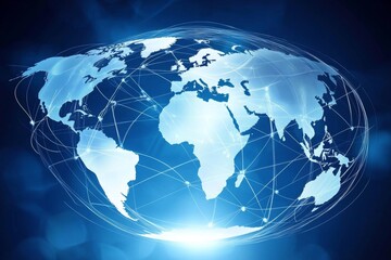 Abstract Global Network Concept with World Map and Connection Lines on Blue Background, Illustrating Business Technology and Digital Connectivity
