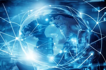 Abstract Global Network Concept with World Map and Connection Lines on Blue Background, Illustrating Business Technology and Digital Connectivity
