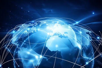 Fototapeta premium Abstract Global Network Concept with World Map and Connection Lines on Blue Background, Illustrating Business Technology and Digital Connectivity