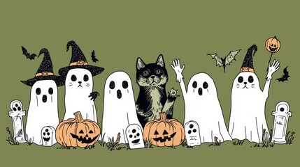 Naklejka premium Cute Halloween Ghost Cats with Pumpkins and Bats