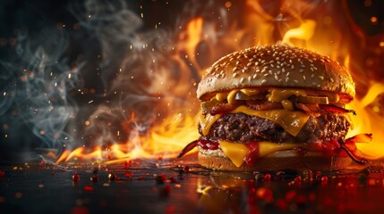 A cheeseburger with melted cheese sits proudly over a fiery grill, infused with smoky flavors