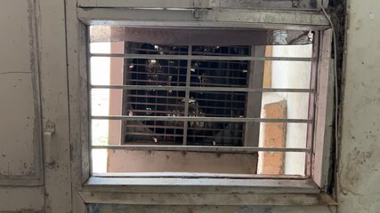 Closeup footage of an old air cooler in a local Indian hotel in Haridwar city, Uttarakhand, India