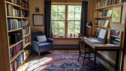 Cozy Homeschooling Study Space with Bookshelves and Natural Light