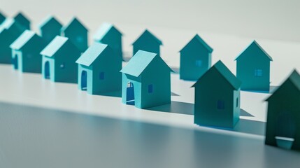 Paper homes in a row. Row of blue paper houses on a white surface, a simple representation of a neighborhood or community.