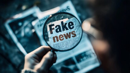 A magnifying glass focusing on the words 'fake news' in a newspaper, symbolizing the importance of critical thinking in discerning truth.