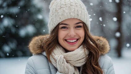 Winter young woman portrait. Beauty Joyful Model Girl laughing and having fun in winter park. Beautiful young female outdoors, Enjoying nature