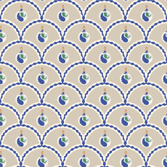 Naklejka premium Christmas balls scallop seamless pattern. Glass baubles arch repeat background. Happy New Yea retro endless design. Vector hand drawn flat illustration.