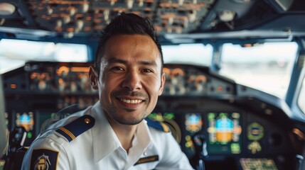 Happy airplane pilot in cockpit. A smiling pilot in his cockpit, prepared for flight. He is wearing a white uniform shirt and a blue jacket with gold stripes.
