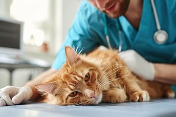Naklejka premium Young man vet checkup sick cat in vet clinic